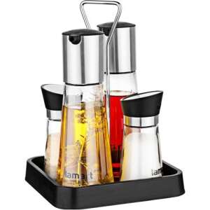 Lamart LT7019 4 piece seasoning set with oil and vinegar dispensers, salt and pepper shakers, stainless steel and glass, black stand - Spice Rack