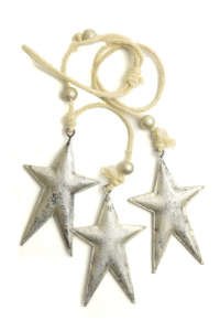 Set of 3 silver metal star ornaments with twine - Christmas tree ornament