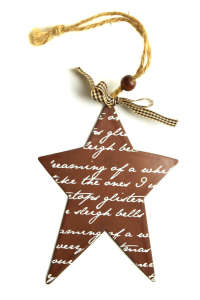 Brown metal star Christmas ornament with white lettering, 12 cm - Christmas tree ornament