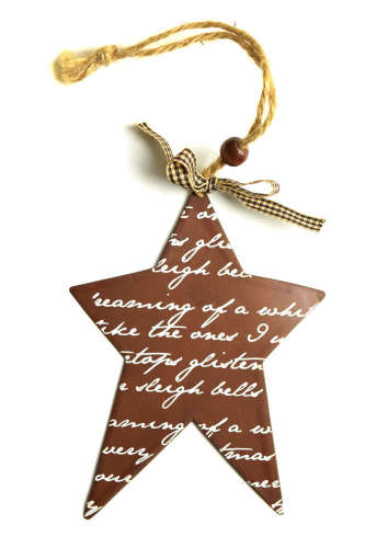 Brown metal star Christmas ornament with white lettering, 12 cm