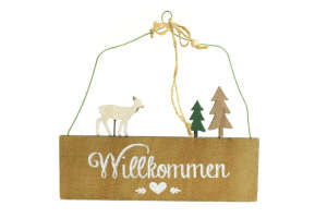 Semn de uşă de bun venit din lemn cu cerb și copaci, 20 cm înălțime - Line