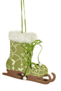 Green ice skate Christmas ornament, 12 cm, with white fur trim and brown blades - Christmas tree ornament