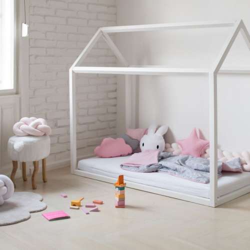 Házikó ágy tölgy festett fehér szürke montessori ágy leesésgátló opció 31431165