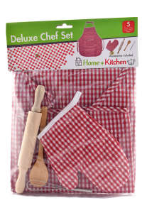 Johntoy Deluxe Chef Set 5 piece kids play kitchen set with apron, oven mitt, whisk, wooden spoon and rolling pin - Toy kitchen tool