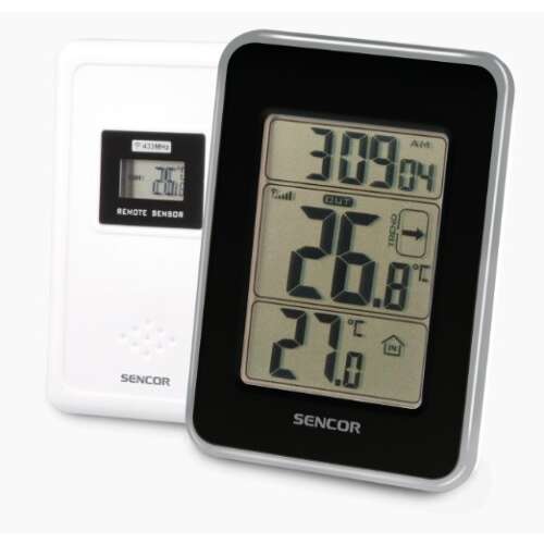 Sencor SWS T25 weather station with outdoor sensor, showing both indoor and outdoor temperature and humidity