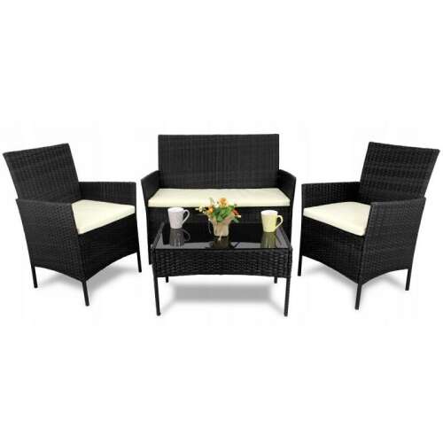 GardenLine Rattan-Gartenmöbel-Set für 4 Personen, dunkelbraun, mit cremefarbenen Kissen