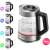Sencor SWK 1795SS electric kettle, showing the different temperature settings and the corresponding LED colors