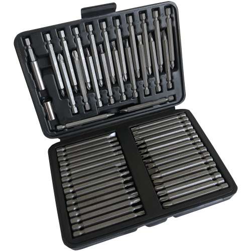 Fieldmann FDS 9005-55R 55 piece bit set, includes various sizes of Phillips, Pozi, slotted, hex, Torx, and key bits, as well as a magnetic bit holder and a clutch