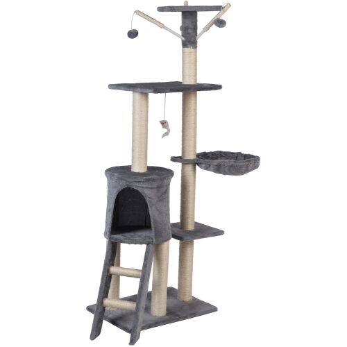 Full View of Funfit XL 5-Level Cat Tree with Condo, Hammock, Scratching Posts, and Hanging Toys