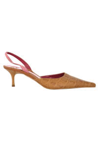 Escada women's slingback shoes in brown with pink strap, pointed toe, crocodile embossed leather - Women's Occasion Shoe
