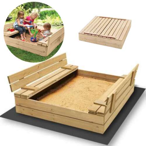 SandTropic Sandpit din lemn cu bancă și capac (+ geotextil, pătură și cadou) 120x120cm #brown 92499702