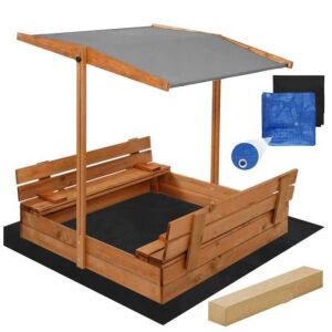 Dechland Holzsandkasten mit Bänken, Abdeckung und Sonnenschutz, braun - Sport & Freizeit