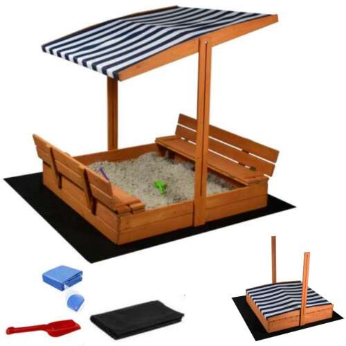 SandTropic imprägniertes Holz Sandkasten mit Bank und Deckel + Schattendach #braun-blau 93312922