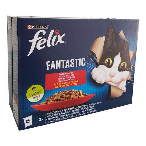 Felix Fantastic alutasakos macskaeledel – Házias válogatás aszpikban – Multipack (1 karton | 12 x 85 g) 1020 g