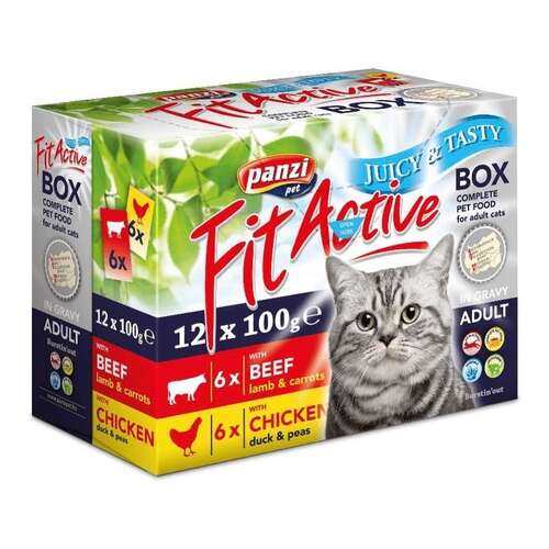 Panzi FitActive Fit-a-Box alutasakos eledel macskáknak (1 doboz | 2 x 6 x 100 g | 6 alutasak marha- és bárányhússal | 6 db alutasak csirke- és kacsahússal) 1.2 kg
