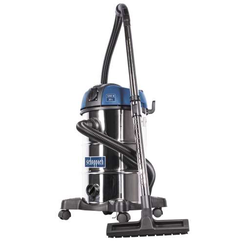 Scheppach ASP 30 PLUS industrial vacuum cleaner, 30 liter capacity, stainless steel body, 4 wheels, large handle, hose and accessory holder, integrated blowing function, long hose, automatic start, tool-free filter change, low weight, easy to handle, vertical design, floor cleaning sponge, HEPA filter