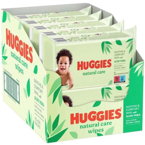 Huggies Natural Care vlhčené obrúsky, 10 balení po 56 obrúskoch, detské obrúsky, šetrné k detskej pokožke, aloe vera, vitamín E, bez vône, bez parabénov