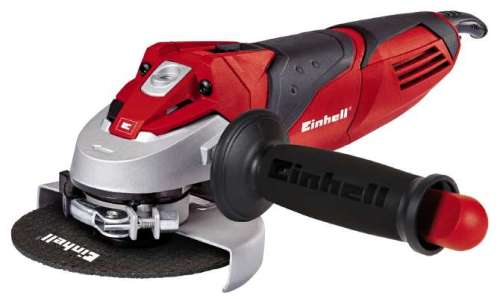 Einhell TE-AG 125/750 750W angle grinder, red and black, with a disc attached