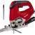 Einhell TE-JS 100 jigsaw, red power tool with black handle, angled view, with two saw blades
