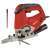 Einhell TE-JS 100 jigsaw, red power tool with black handle, angled view, with two saw blades