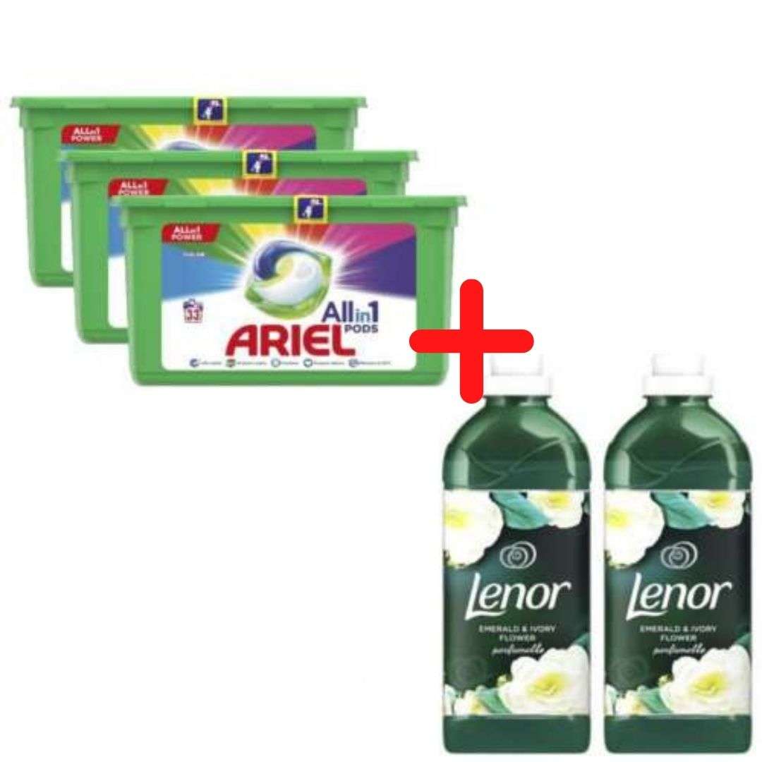 Ariel Allin1 Pods Color 3x33 mosás + Lenor Emerald & Ivory Flower Öblítő 2x1,42L
