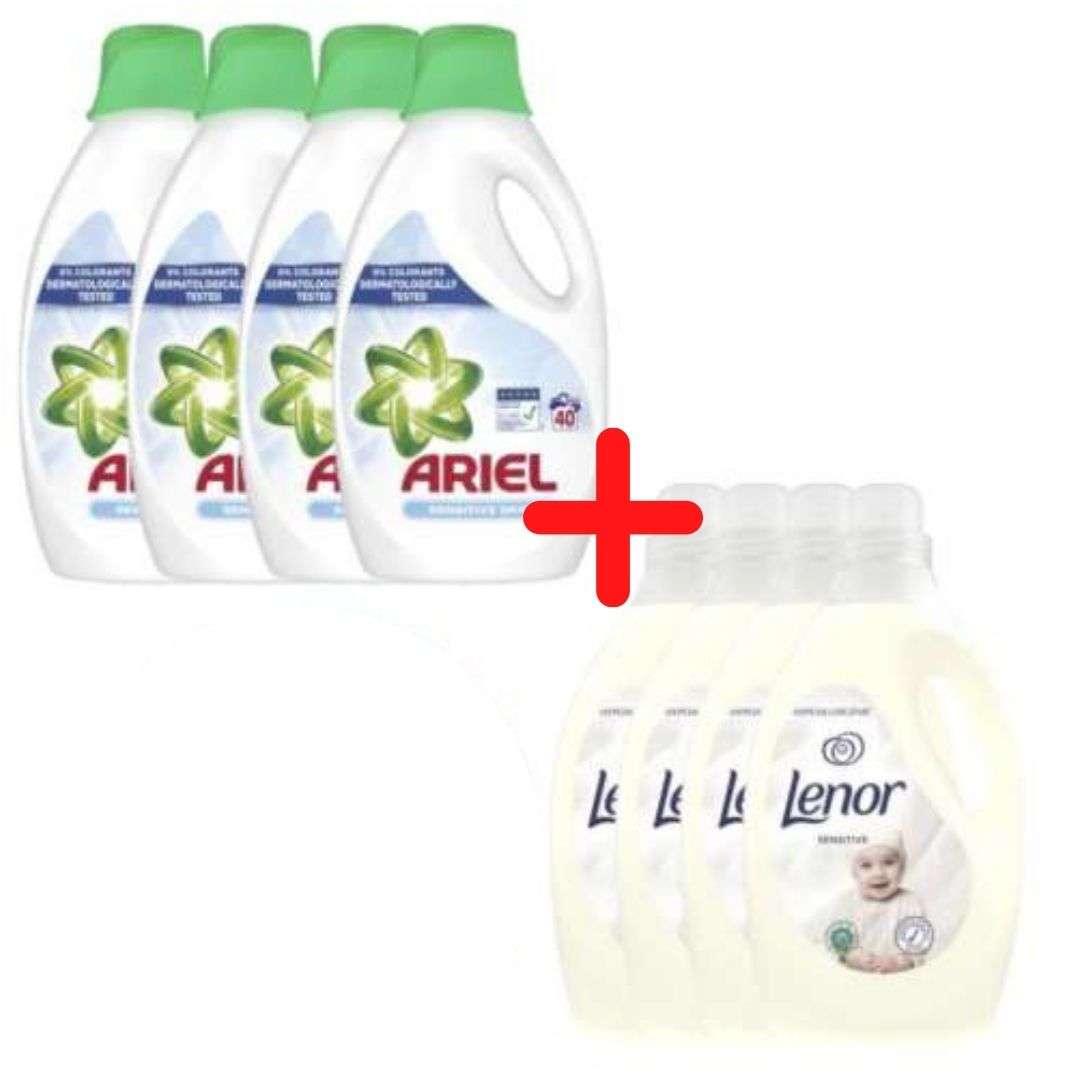 Ariel Sensitive folyékony Mosószer 4x2,2L + Lenor Sensitive Öblítő 4x2,9L