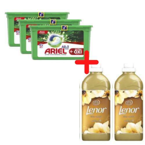Ariel Allin1 Pods + OXI Mosókapszula 3x31 + Lenor Gold Orchid Öblítő