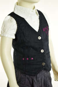 Black and grey striped vest for girls, with pink embroidery, button closure, and two decorative pockets - Kids' Sweater & Cardigan