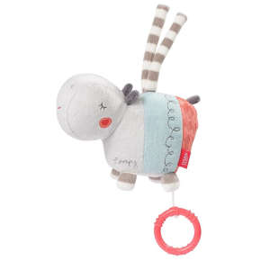 BabyFehn wind-up musical plush toy - Hippo, grey and blue plush toy with a red ring, wind-up mechanism - Stroller & Crib Toy