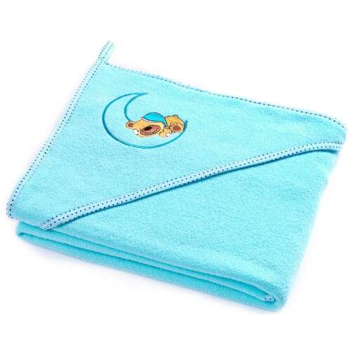 Prosop cu glugă turcoaz pentru bebeluși, cu design lună și ursuleț, 100x100cm