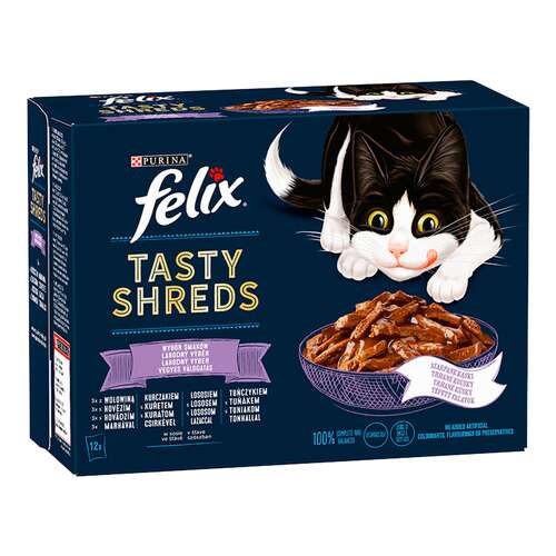 Felix Shreds vegyes válogatás - Marha, csirke, lazac és tonhal tépett falatok szószban macskáknak - Multipack (1 karton | 12 x 80 g) 960 g