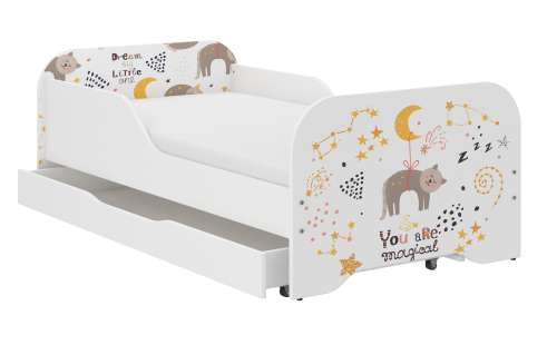 MIKI gyerekágy macska mintával, 140x70cm, fehér, fiókkal, matraccal