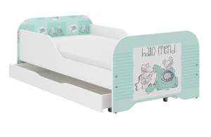 MIKI gyerekágy 160x80cm matraccal, 'Hello Friend' mintával, fehér és zöld színben, fiókkal - Ifjúsági ágy