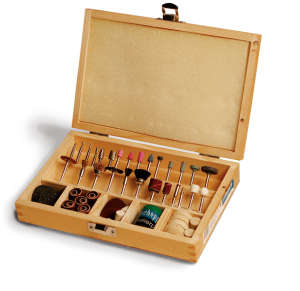 Set de accesorii pentru ferăstrău cu pendul Scheppach, 103 piese, cu diverse instrumente de șlefuit, șlefuit și tăiat, într-o cutie de lemn - Scheppach