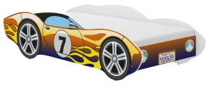 Pat de copii în formă de mașină CORVETTA, 160x80cm, galben și portocaliu cu flăcări, cadru alb, include saltea - Nonbrand Paturi pentru tineri