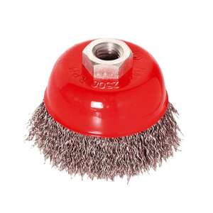 Fazékkefe 100mm átmérőjű, hullámos szálú, M14 menetes, piros műanyag hátlappal, tisztításhoz és sorjázáshoz - Drótkefe