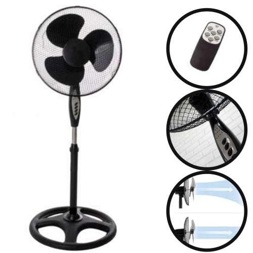 Volteno čierny stojanový ventilátor s diaľkovým ovládaním, 40W, koláž