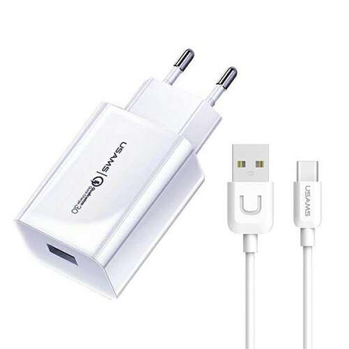USAMS T22 18W 3A QC3.0 Single USB Reiseladegerät mit Type-C Kabel, Weiß