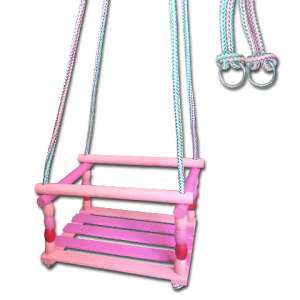 Rózsaszín fa hinta gyerekeknek, kötelekkel és fém gyűrűkkel a felfüggesztéshez - Kültéri hinta
