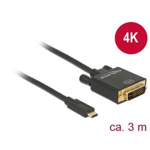 Delock Kábel USB Type-C csatlakozó &gt; DVI 24+1 csatlakozó (DP váltakozó mód) 4K 30 Hz, 3m, fekete 91248761 