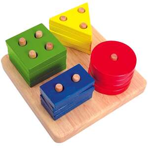 Joc din lemn pentru sortarea formelor pentru copii mici, cu pătrat, dreptunghi, cerc și triunghi, cu știfturi pentru stivuire și sortare - Jocuri de sortare a formelor
