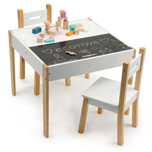 Ecotoys többfunkciós fa gyermek Asztal krétatáblával + székek #fehér