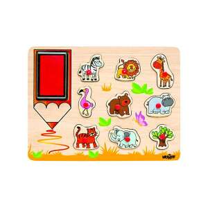 Drewniana układanka z afrykańskimi zwierzętami, w tym zebrą, lwem, żyrafą, flamingiem, niedźwiedziem, hipopotamem, tygrysem, słoniem i drzewem. Ta układanka jest idealna dla małych dzieci i przedszkolaków, aby poznać zwierzęta i kolory. - Puzzle Baba
