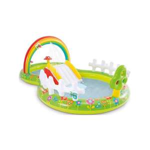 Intex Mein Garten Spielcenter aufblasbarer Pool mit Regenbogenbogen, Rutsche, Pilzsprinkler und Zaun - Intex