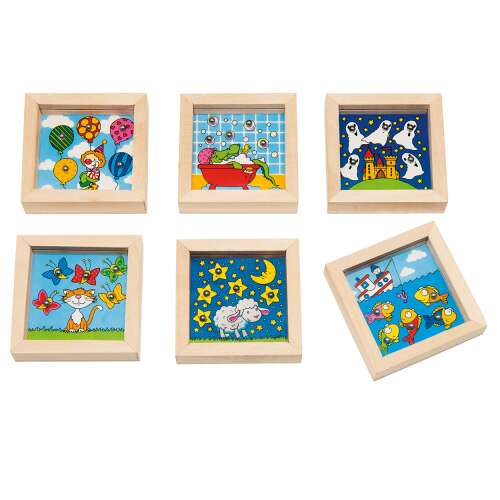 Joc de îndemânare din lemn cu imagini colorate și bile, perfect pentru dezvoltarea abilităților motorii fine și a coordonării ochi-mână