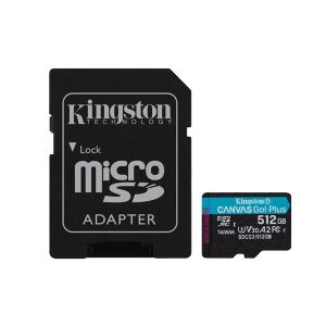 Kingston 512GB Canvas Go! Plus microSD kártya és adapter közelről - Kingston
