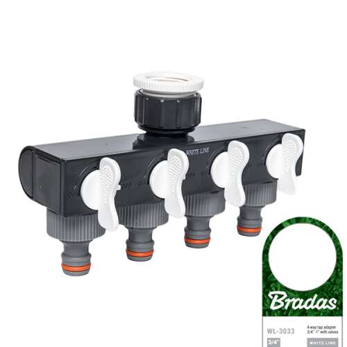 Bradas WL-3033 4-way tap adapter with 3/4" inlet and 1/2" outlets, garden hose splitter, water splitter, irrigation splitter