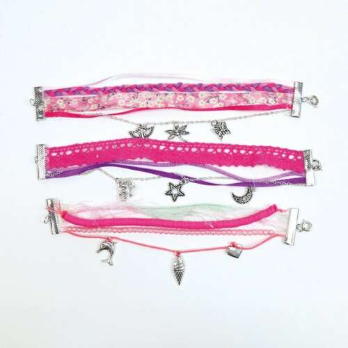 Sada na výrobu náramkov Lovely Box, 3 náramky, ružová, fialová, fuchsiová, strieborné prívesky, DIY výroba šperkov