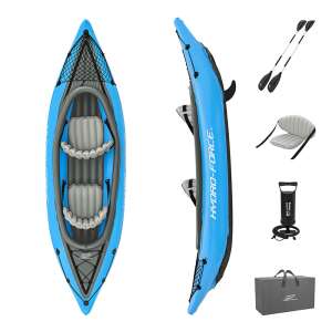 Hydro-Force Cove Champion X2 inflatable kayak set, blue, with two paddles, pump, seats, and fins - Inflatable Boat, Oar