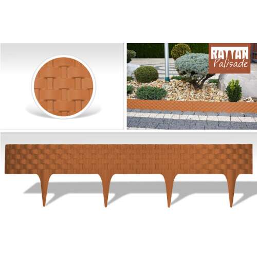 Gartenbeeteinfassung in Rattanoptik mit Detail und Anwendungsbeispiel